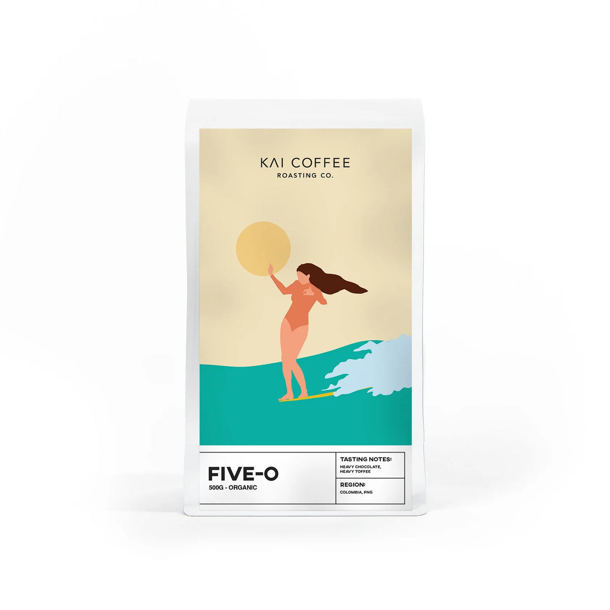 Kai Coffee 5-0 Organic Blend 500g, Five-O bag with surfer artwork, Scoop Wholefoods Cottesloe