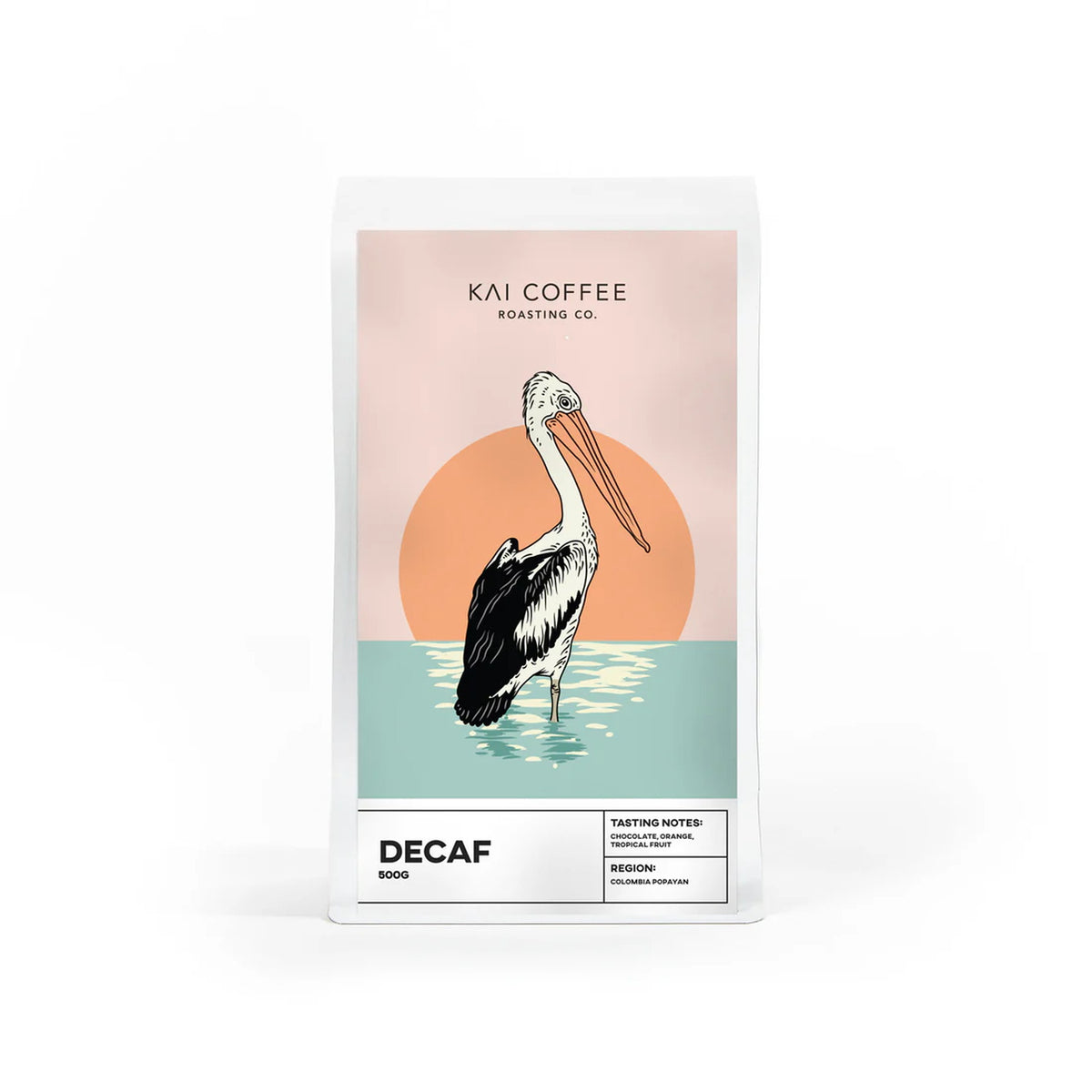 Kai Coffee Colombia Popayan Decaf 500g, bag with pelican artwork, Scoop Wholefoods Cottesloe