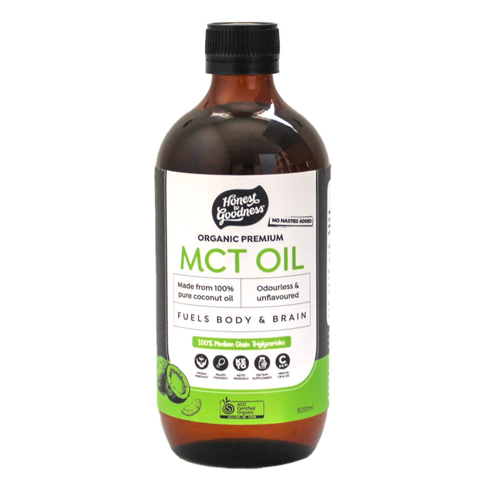 Honest to Goodness Organic Premium MCT Oil 500ml, front of bottle, Scoop Wholefoods Cottesloe