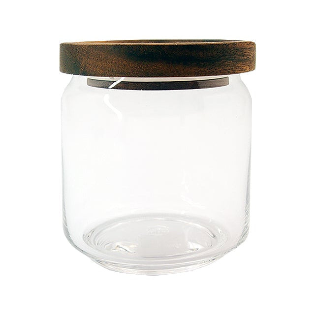 Pantry jar in borosilicate glass with a stackable acacia wood lid