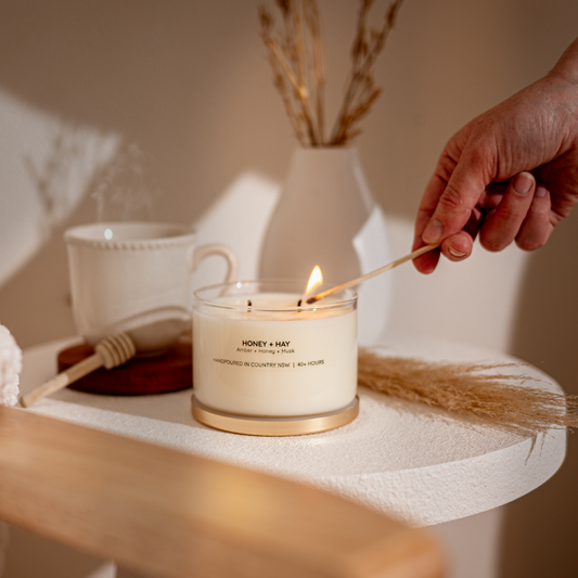 Meeraboo Honey + Hay Soy Candle styled