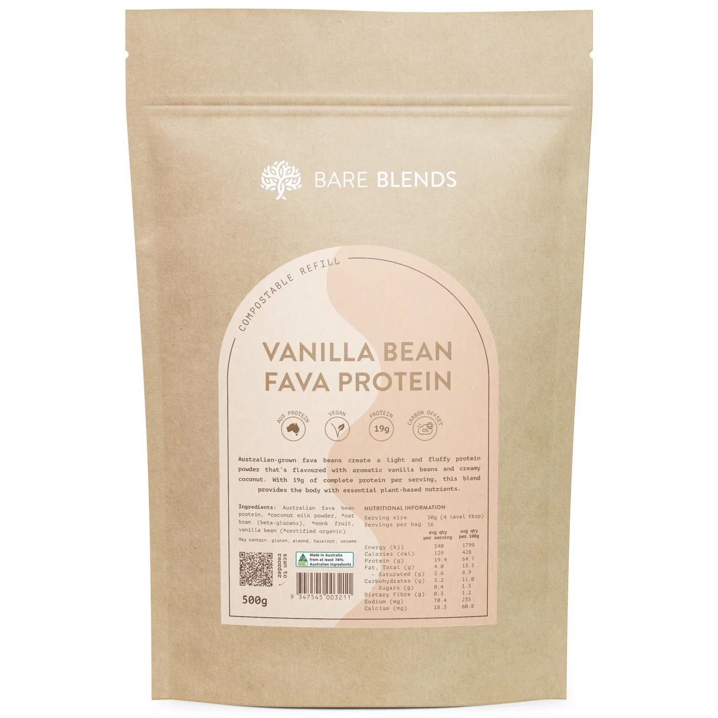 Bare Blends - Vanilla Bean Fava Protein | Australian Fava Protein Powder | Vegan | Beta Glucans (500g)