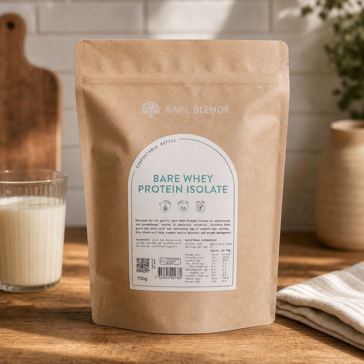 Bare Blends Bare Whey Protein Isolate 750g compostable pouch