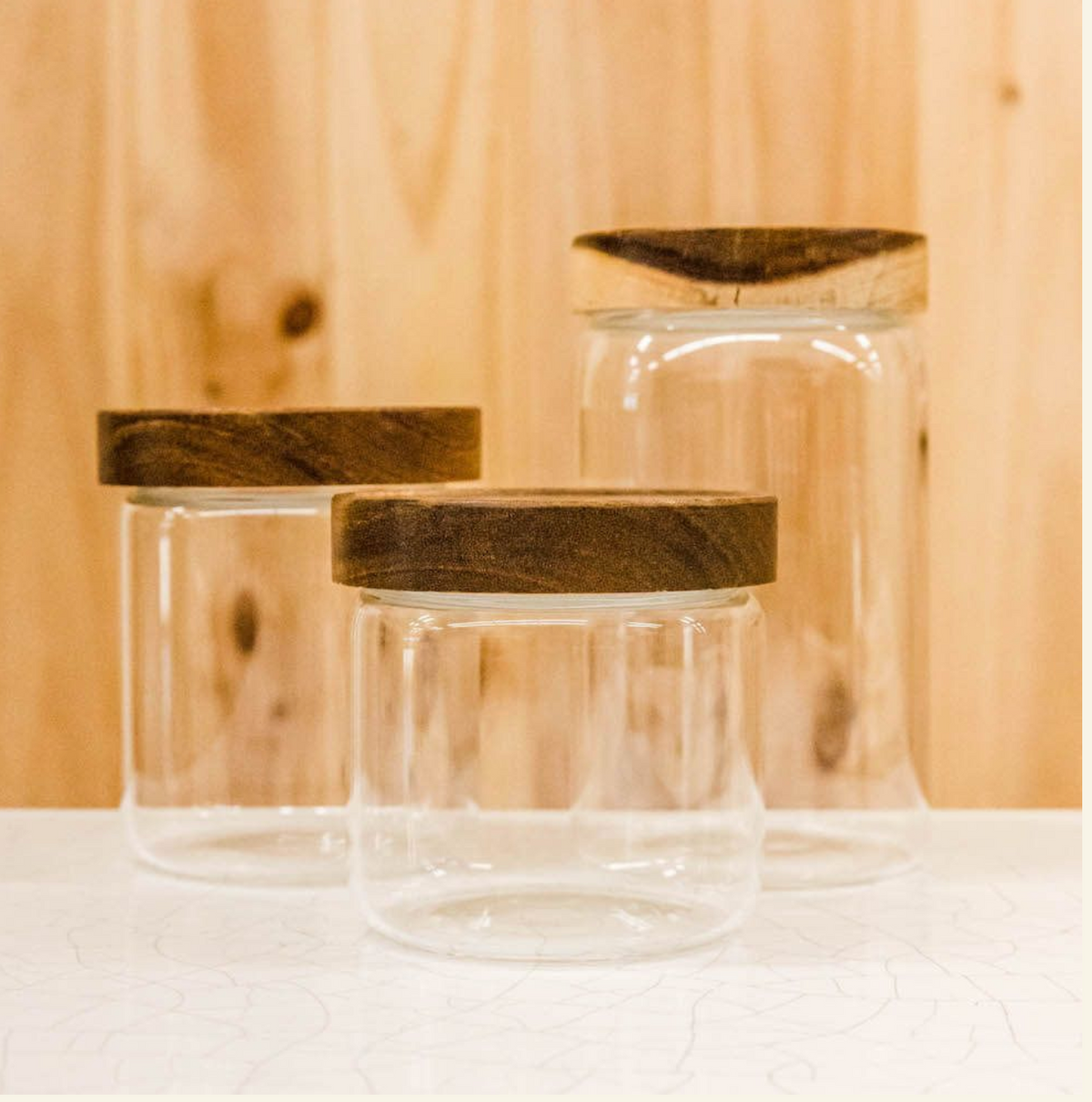 Pantry jars in three sizes with acacia wood lids