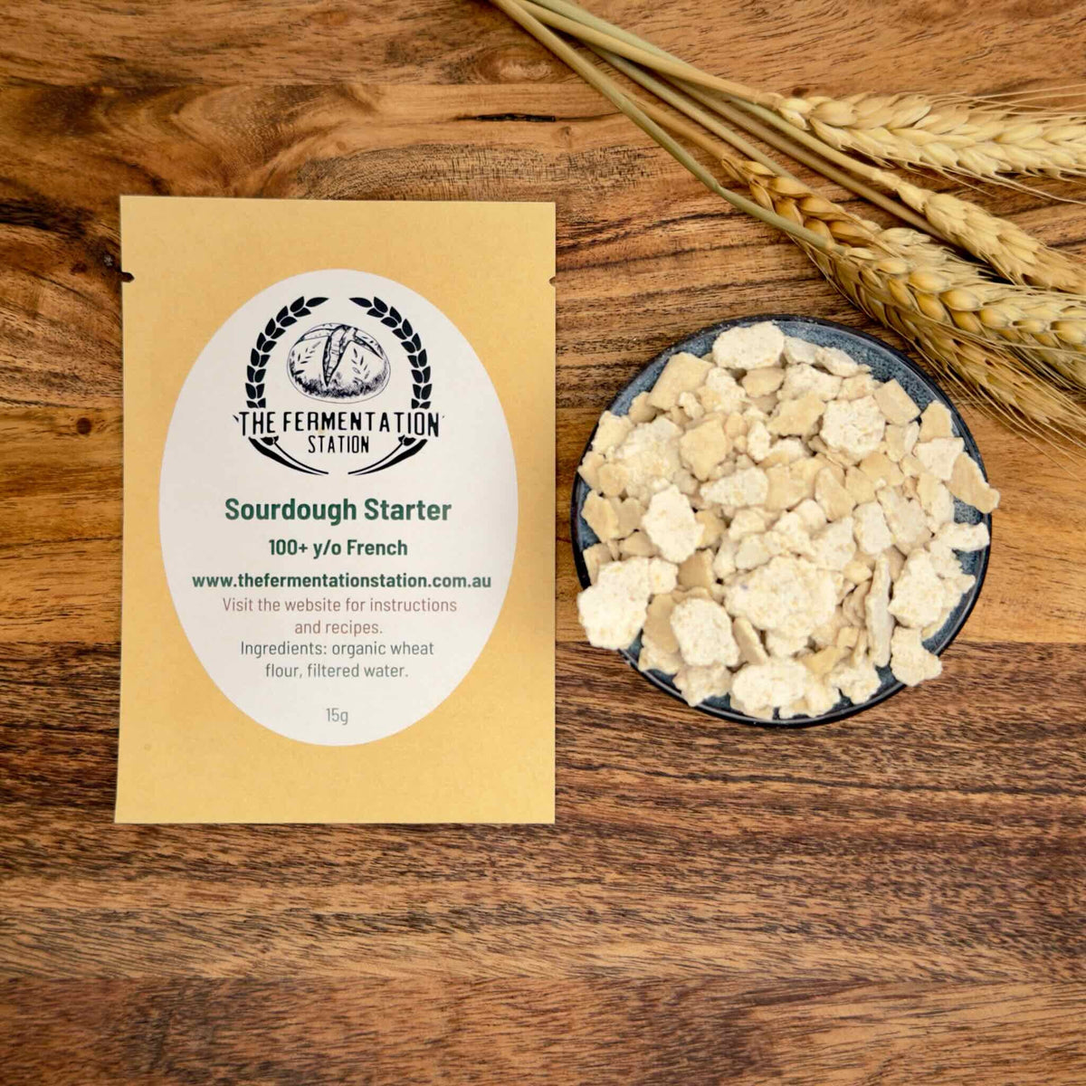 The Fermentation Station Sourdough Starter French Wheat 15g, pack and dried starter from above, Scoop Wholefoods Cottesloe