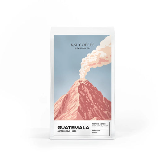 Kai Coffee Guatemala Asprocdegua 500g, bag with volcano artwork, Scoop Wholefoods Cottesloe