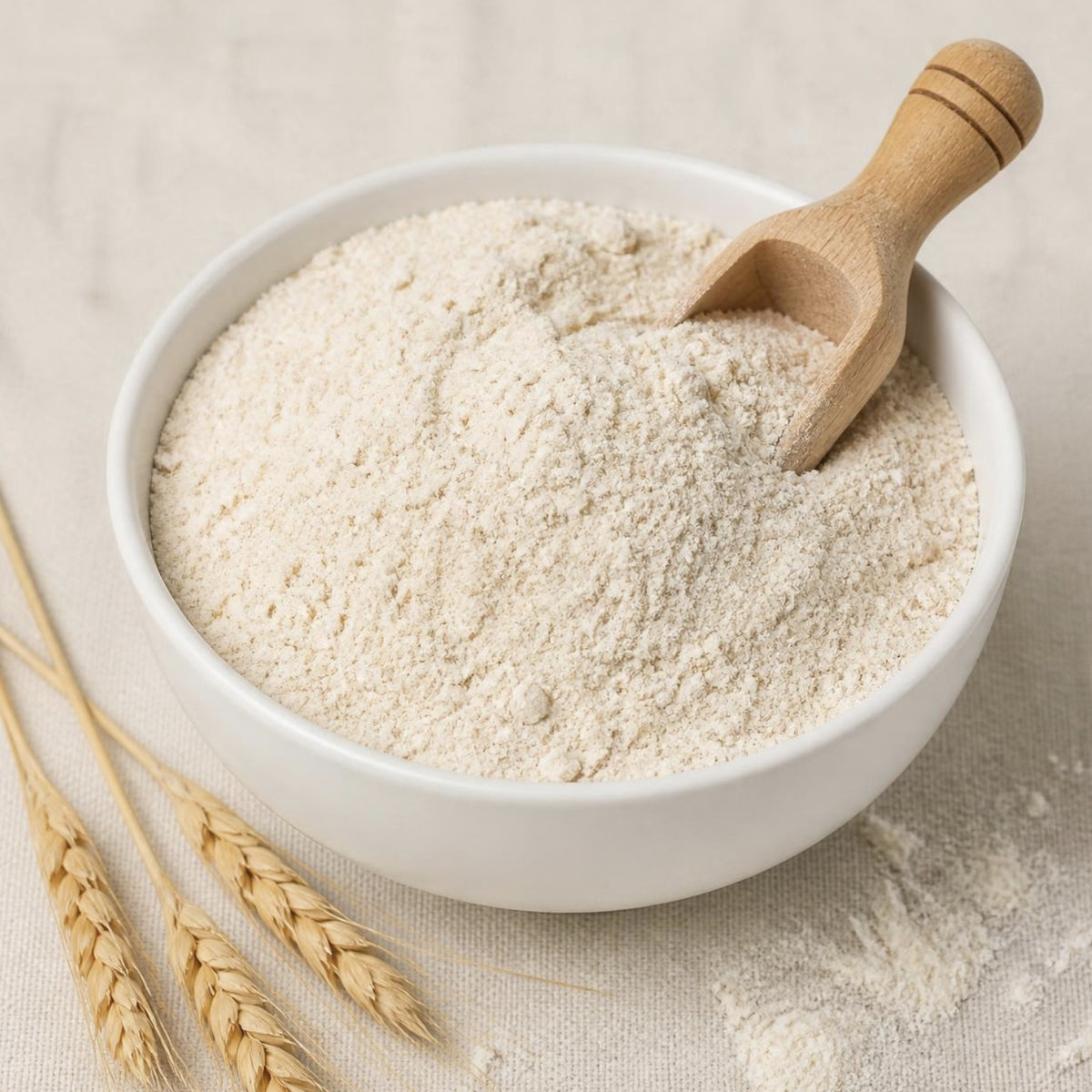 Flour Bread & Pizza Organic, cream-coloured bread flour in a white bowl with a wooden scoop, Scoop Wholefoods Cottesloe