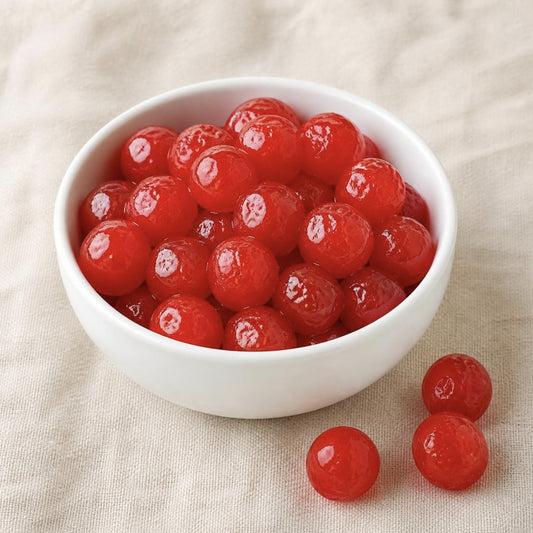 Cherries Red Glace, whole red glace cherries in a white bowl, Scoop Wholefoods Cottesloe