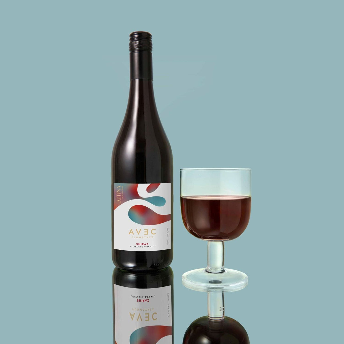 AVEC FlowState Shiraz 750ml, bottle beside a poured glass, Scoop Wholefoods Cottesloe
