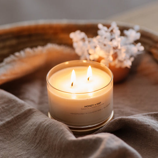 Meeraboo Honey + Hay Soy Candle lit