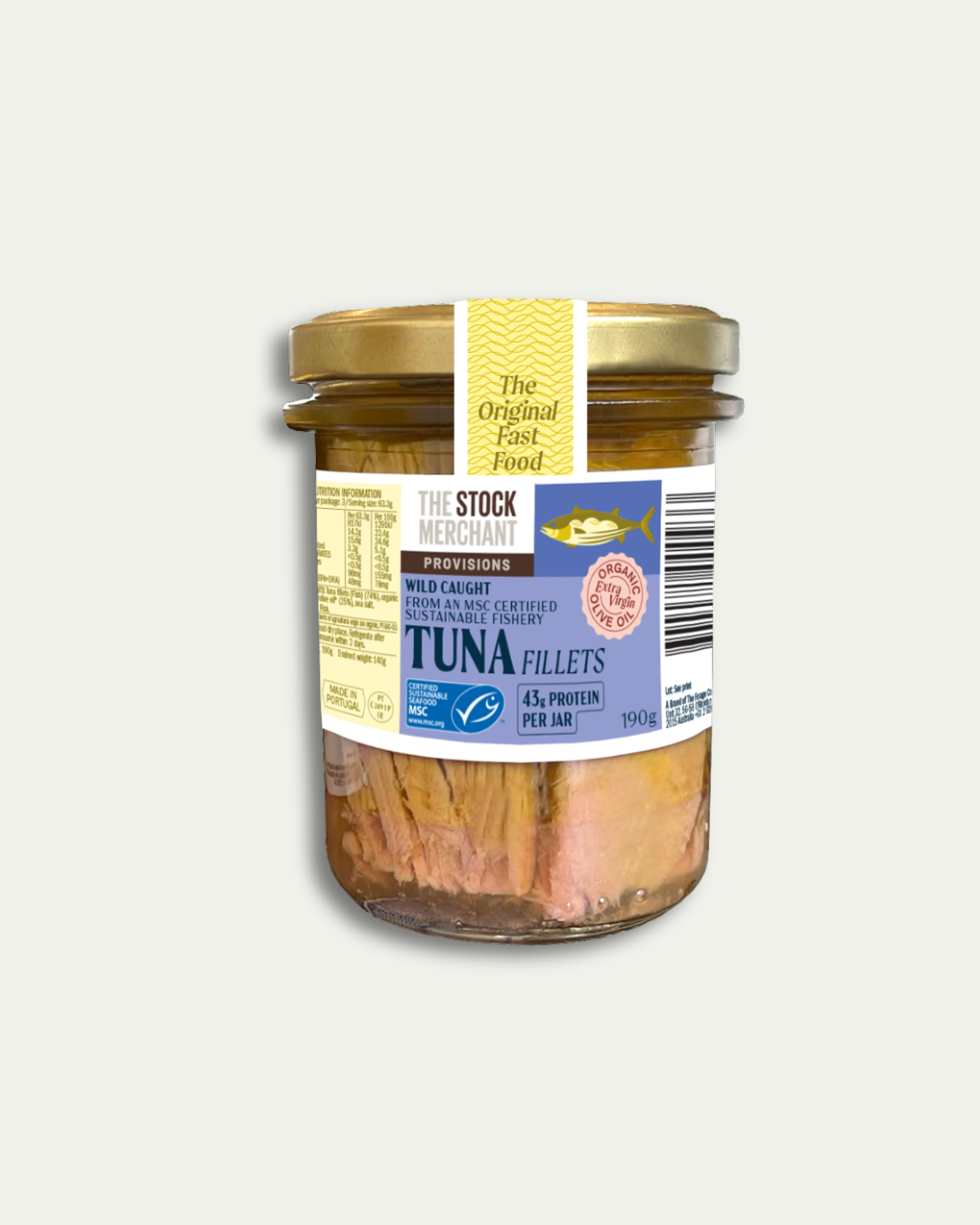 The Stock Merchant MSC tuna fillets in organic extra virgin olive oil, 190g jar