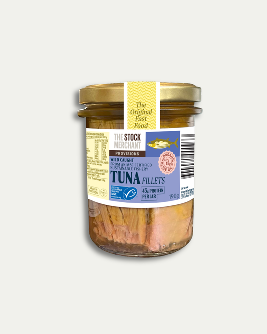 The Stock Merchant MSC tuna fillets in organic extra virgin olive oil, 190g jar