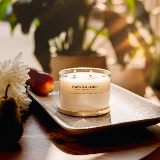 Meeraboo English Pear + Freesia Soy Candle with gold lid