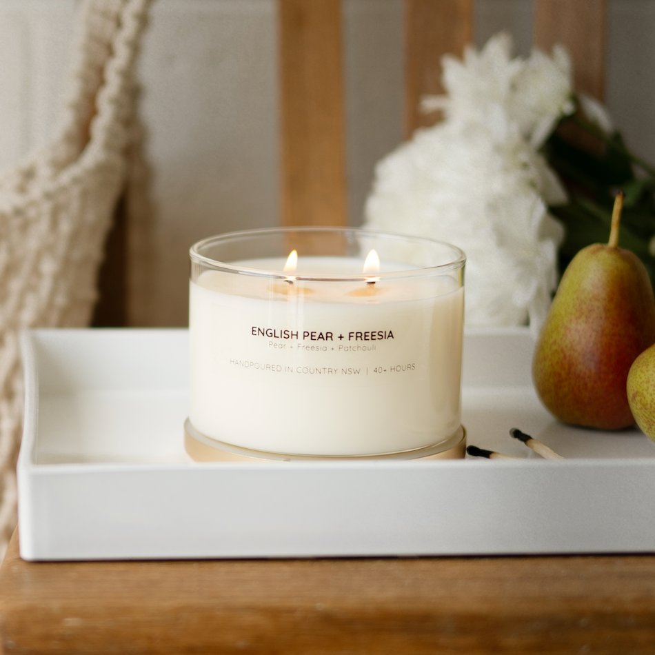 Meeraboo English Pear + Freesia Soy Candle lit