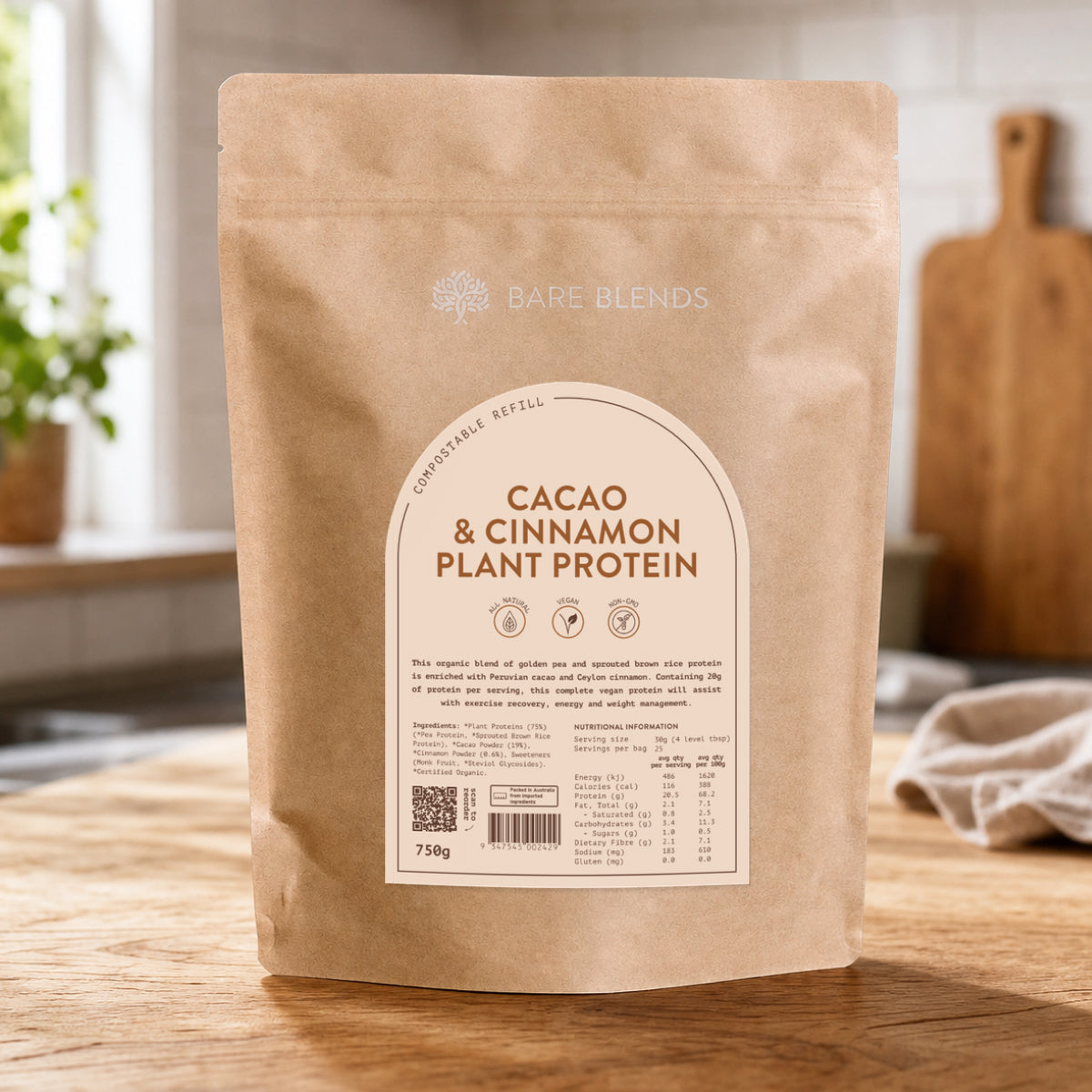 Bare Blends Cacao & Cinnamon Plant Protein 750g compostable pouch
