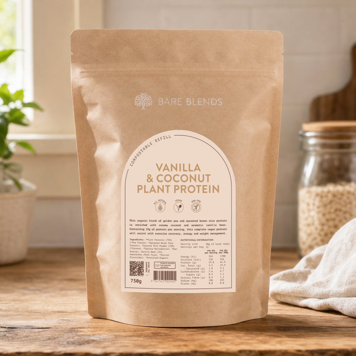 Bare Blends Vanilla & Coconut Plant Protein 750g compostable pouch