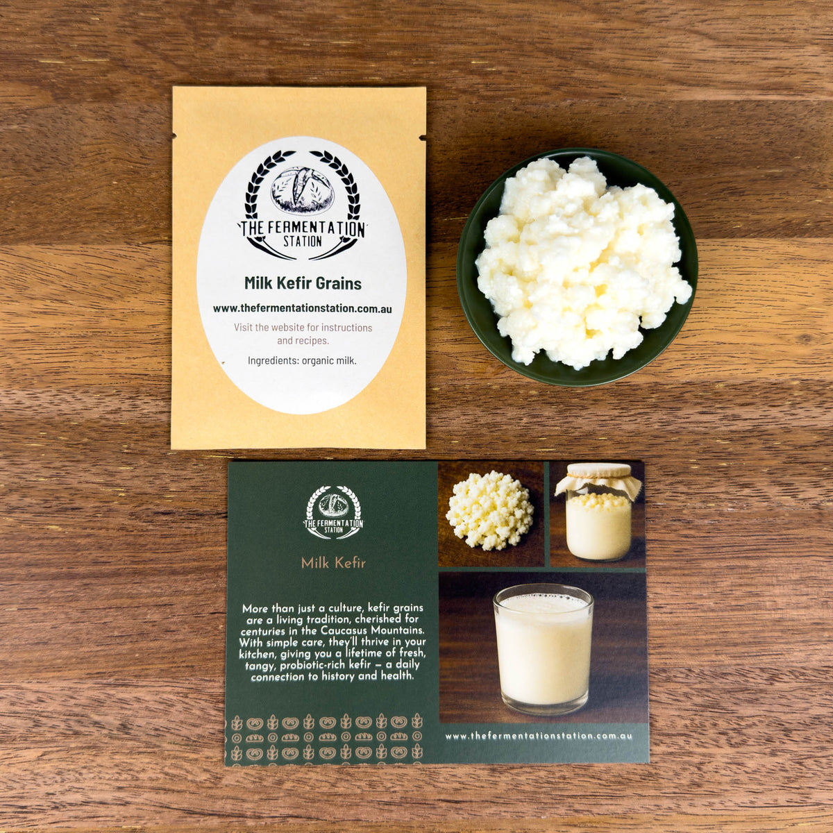 The Fermentation Station Milk Kefir Grains 16g, pack, kefir grains and instruction card, Scoop Wholefoods Cottesloe