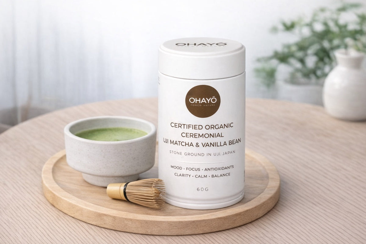 Ohayo Organic Ceremonial Matcha Vanilla Bean 60g, tin with a cup of matcha and whisk, Scoop Wholefoods Cottesloe