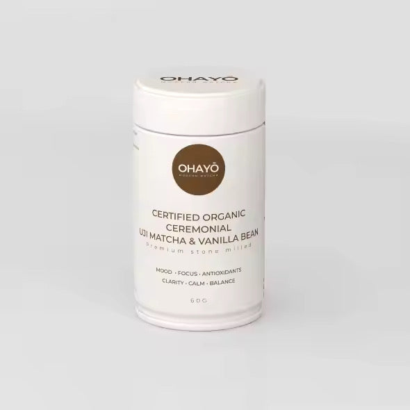 Ohayo Organic Ceremonial Matcha Vanilla Bean 60g, tin, Scoop Wholefoods Cottesloe