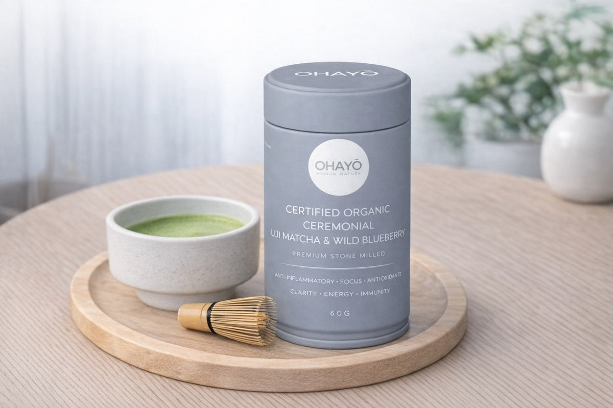 Ohayo Organic Ceremonial Matcha Wild Blueberry 60g, tin with a cup of matcha and whisk, Scoop Wholefoods Cottesloe