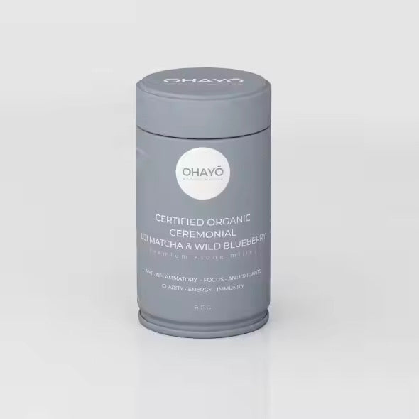 Ohayo Organic Ceremonial Matcha Wild Blueberry 60g, tin, Scoop Wholefoods Cottesloe