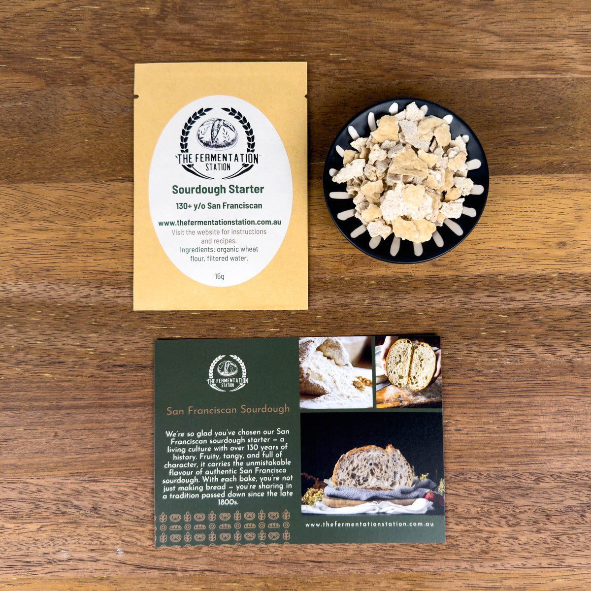 The Fermentation Station Sourdough Starter San Franciscan Wheat 15g, pack, dried starter and instruction card, Scoop Wholefoods Cottesloe